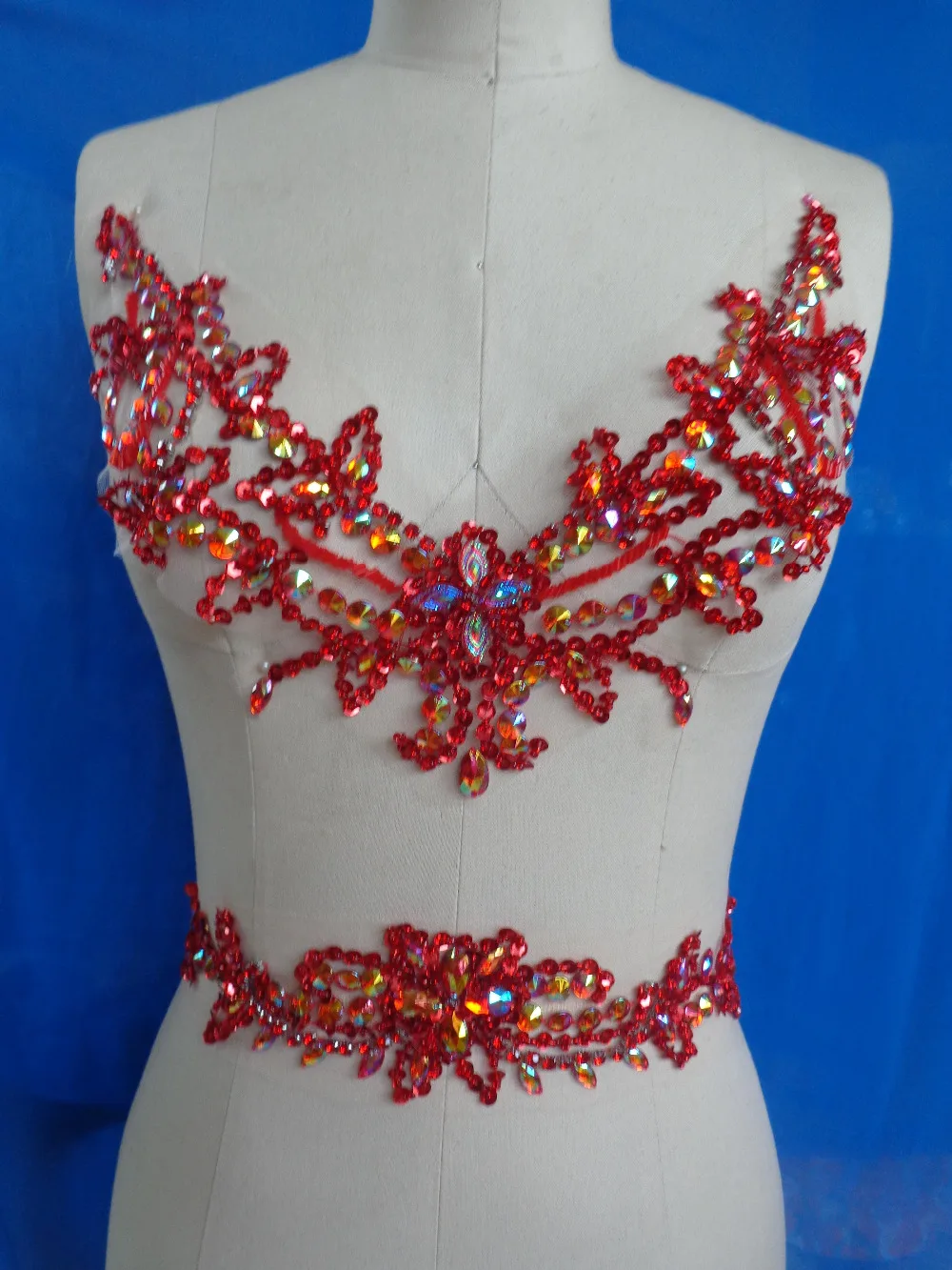 

Pure hand made red sew on Rhinestones applique crystals patches 29*26cm/38*7cm for dress DIY dress accessory
