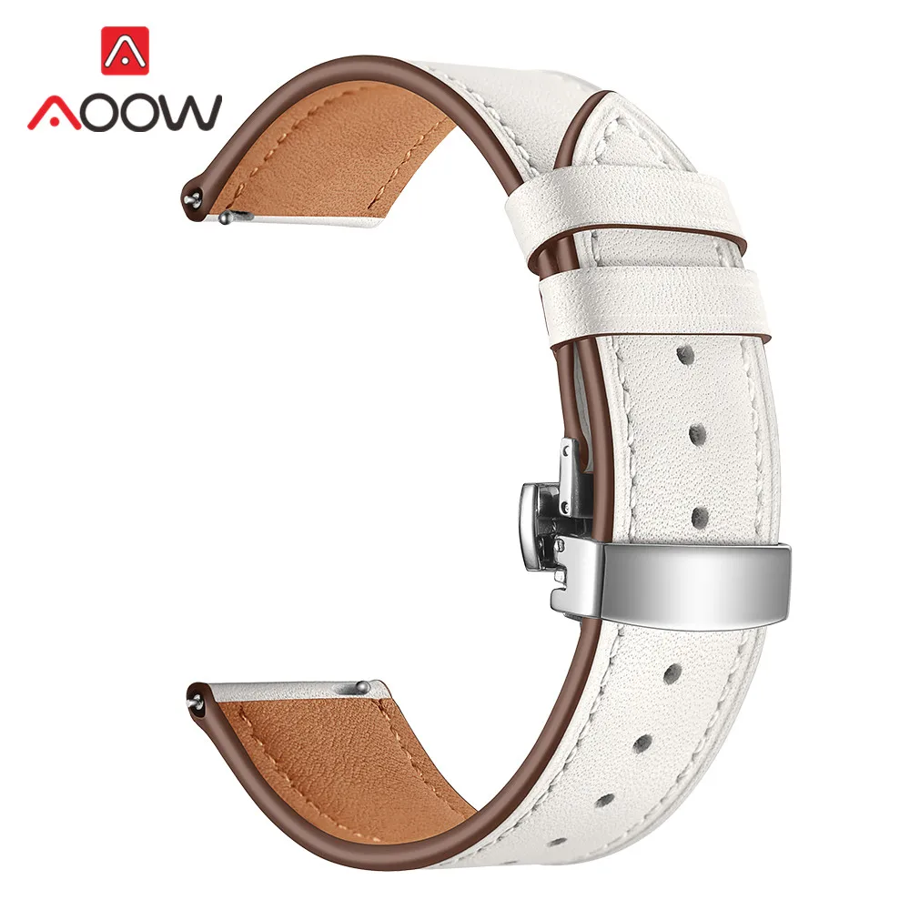 White silver 20 мм 22 мм ремешок из натуральной кожи для samsung Galaxy Watch Active 42 мм 46 мм Бабочка Пряжка браслет ремешок аксессуары - Цвет ремешка: White silver