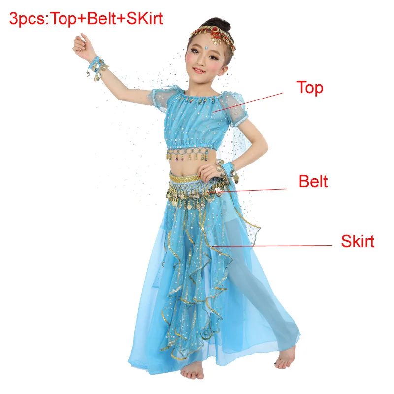 3pcs Blue 7 шт./Комплект из 3 предметов костюмы для танца живота Дети Танец живота Костюм восточного танца костюмы для танцоров одежда индийские танцевальные костюмы для детей - Цвет: 3pcs Blue