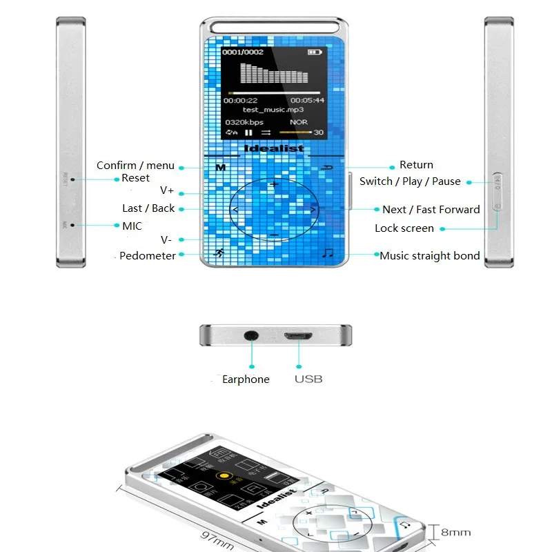Idealist HIFI металлический сенсорный 8G MP4 плеер воспроизводитель MP4 Шагомер Спорт на открытом воздухе MP3 радио Музыкальный плеер рекордер для чтения электронных книг