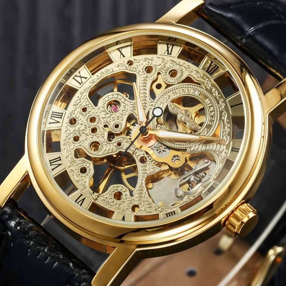 2017 Для мужчин часы механические ручной ветер кожа Кристалл Аналоговый наручные