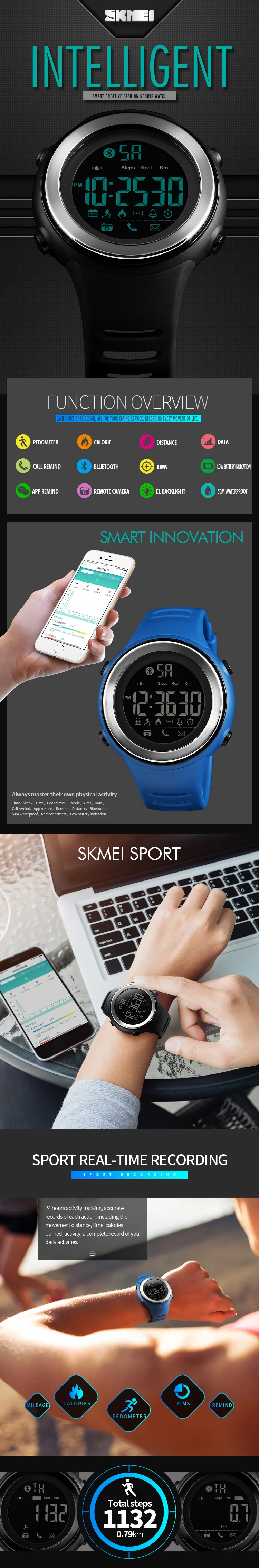 SKMEI Bluetooth Смарт часы для мужчин Шагомер Секундомер Водонепроницаемый спортивные часы цифровой светодиодный электроника часы для мужчин Smartwatch
