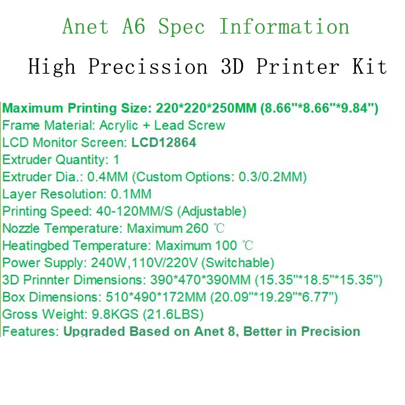Улучшенный Anet нормальный A6 3D принтер высокой точности impresora 3d DIY машина Reprap
