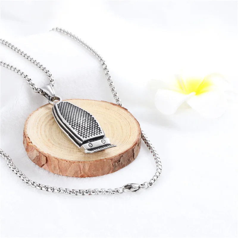 

Valily Jewelry Men's Barber Pendant Necklace Stainless Steel Fashion Haircut Razor Shaver Silver Necklace For Men Box Chain