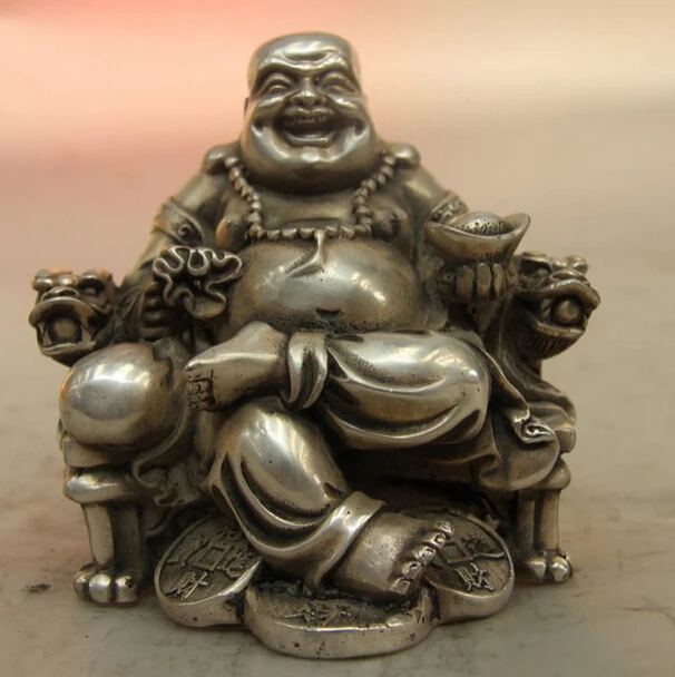 

Быстрая доставка USPS в США S0976 Тибетский буддизм белая медь серебро Yuanbao богатство деньги Maitreya статуя Будды