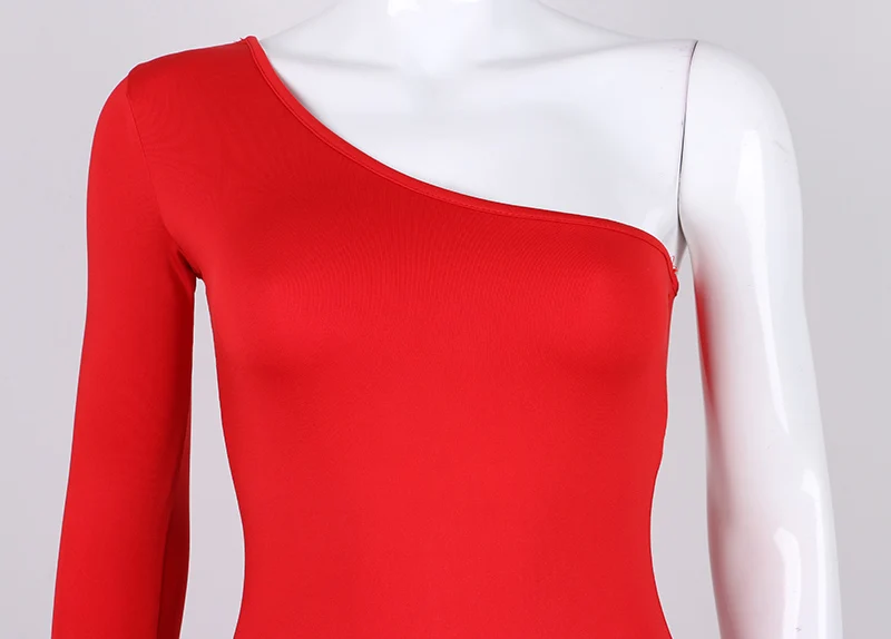 Nadafair/пикантные Клубные Вечерние платья на одно плечо, облегающее летнее женское платье с длинным рукавом, стрейчевое черно-белое повседневное мини-платье с запахом красного цвета