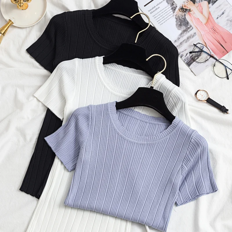 2019 Women Summer Tops Knitted Sweaters and Pullovers O Neck Short Sleeve Solid Knitting Tshirts all-match sleeve sweater | Женская
