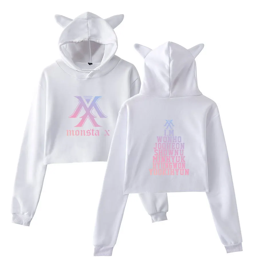 Kpop MONSTA X укороченный топ Kawaii шапка с кошачьими ушками толстовки для женщин