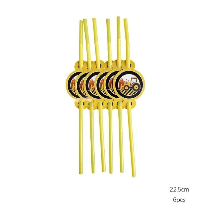 6pcs Straws Строительный трактор надувные воздушные шары на день рождения экскаватор автомобиль баннеры детский день рождения, день рождение мальчика вечерние принадлежности - Цвет: 6pcs Straws