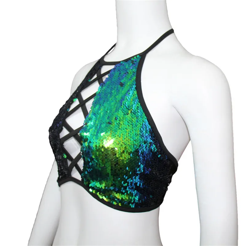 Женский Блестящий короткий топ с блестками с бретелькой через шею, сексуальный мягкий жилет с открытой спиной, повседневный топ на бретелях для Rave, Клубные, вечерние