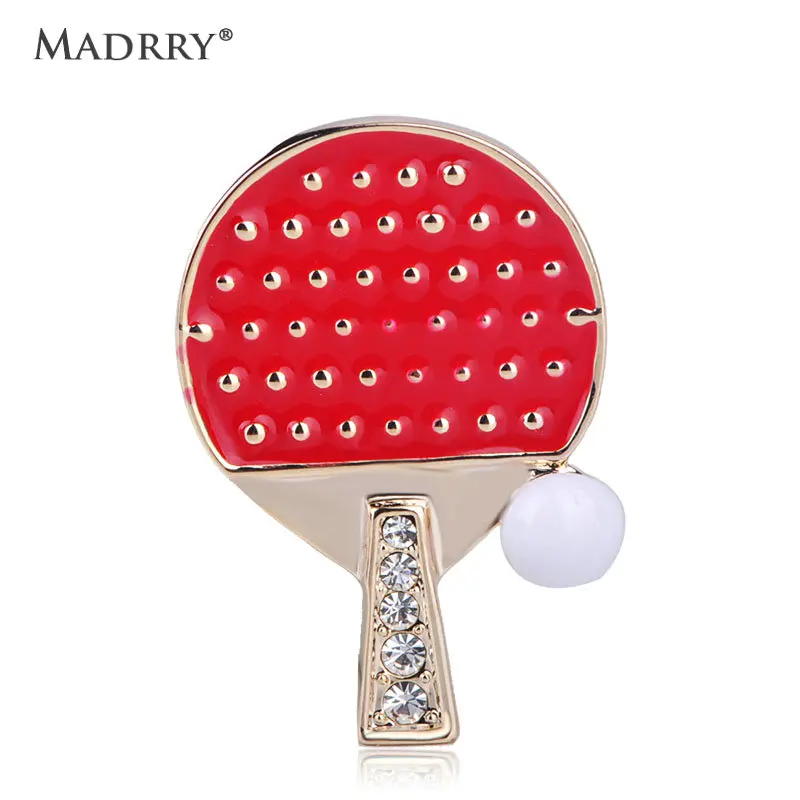 Madrry Latest Ping Pong Paddle Table Tennis Ball Shape Brooch Shiny Crystal Red Enamel For Women Man Corsage pin Jewelry | Украшения и