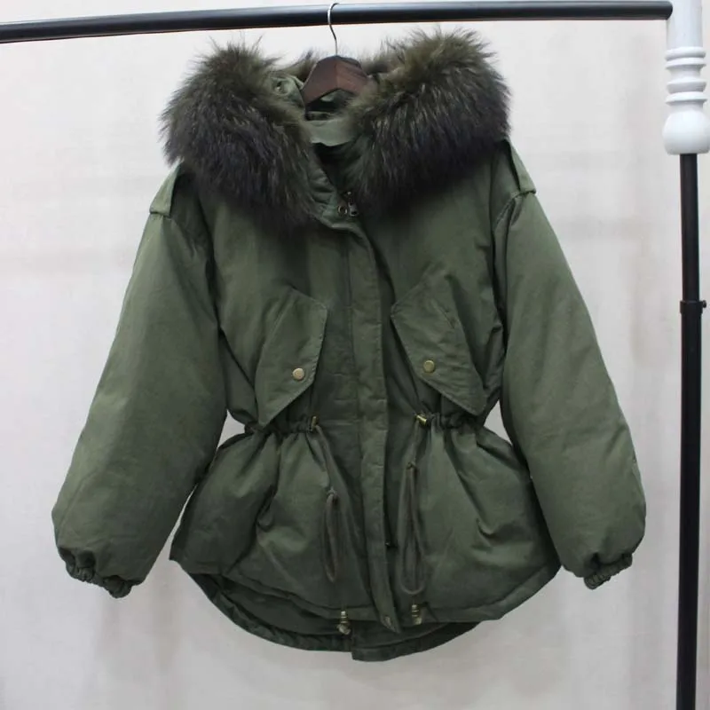 2018 парка для женщин Зимняя армейская зеленая белая куртка на утином пуху большая