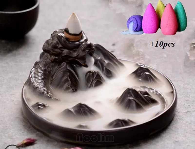 with 10 Mixed cones Керамический черный дракон обратного потока водопад ладан горелка катушки держатель буддийский кадило для ароматерапии домашние Декорации+ 10 шт. благовоний конусов - Цвет: with 10 Mixed cones