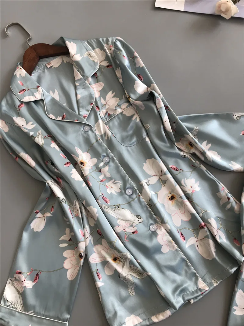 Лето 2019 женские пижамные комплекты с брюками Модная шелковая пижама цветочным