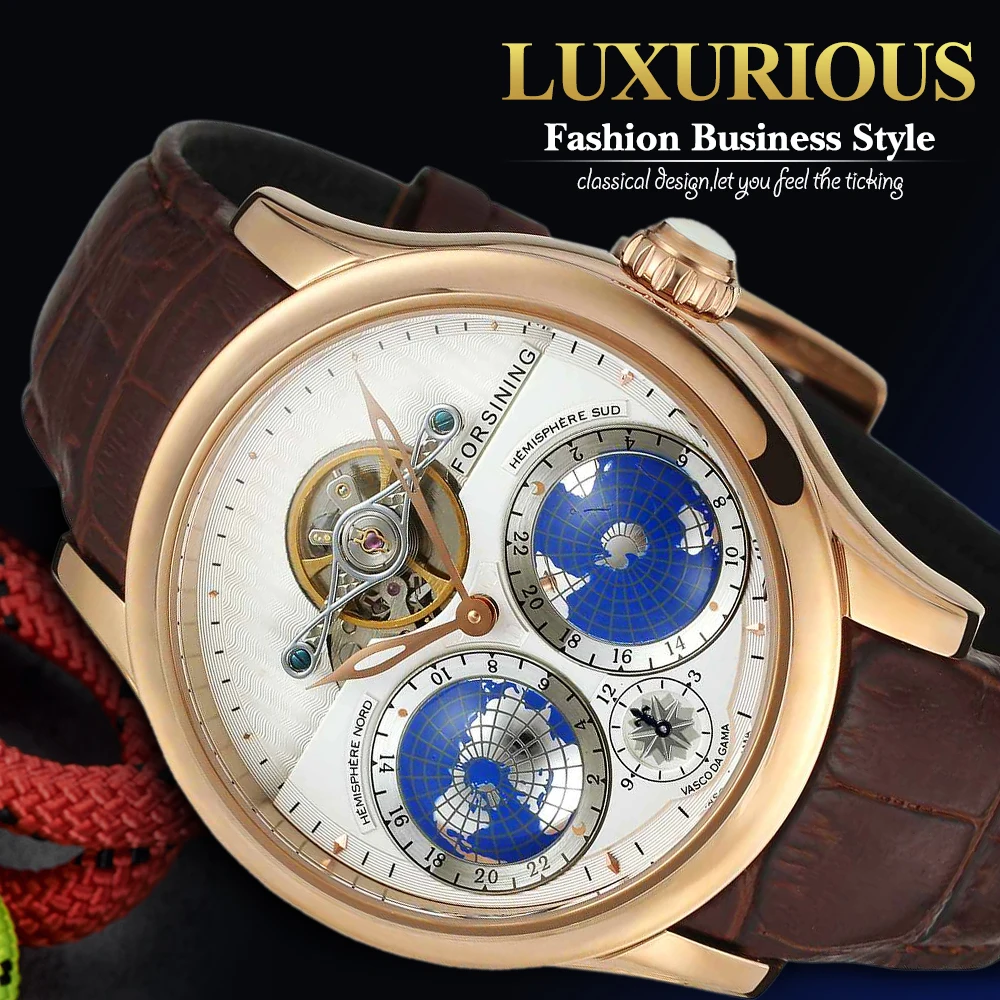 Forsining Earth Real Tourbillion розовое золото классические мульти ди Мужские