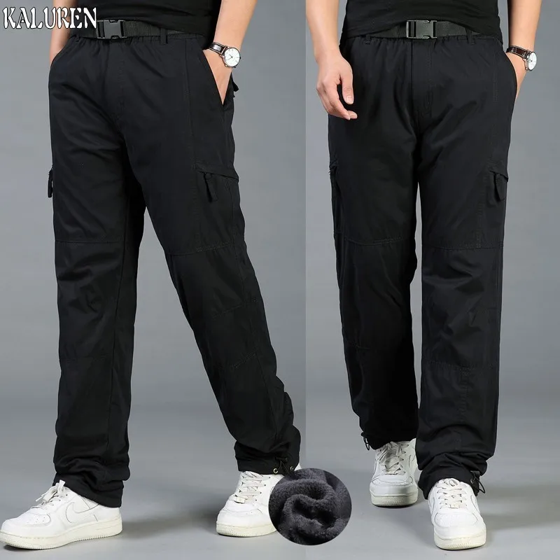 

Free shipping winter loose M-5XL fleece cargo pants plus size trousers male elastic waist fat straight long trousers