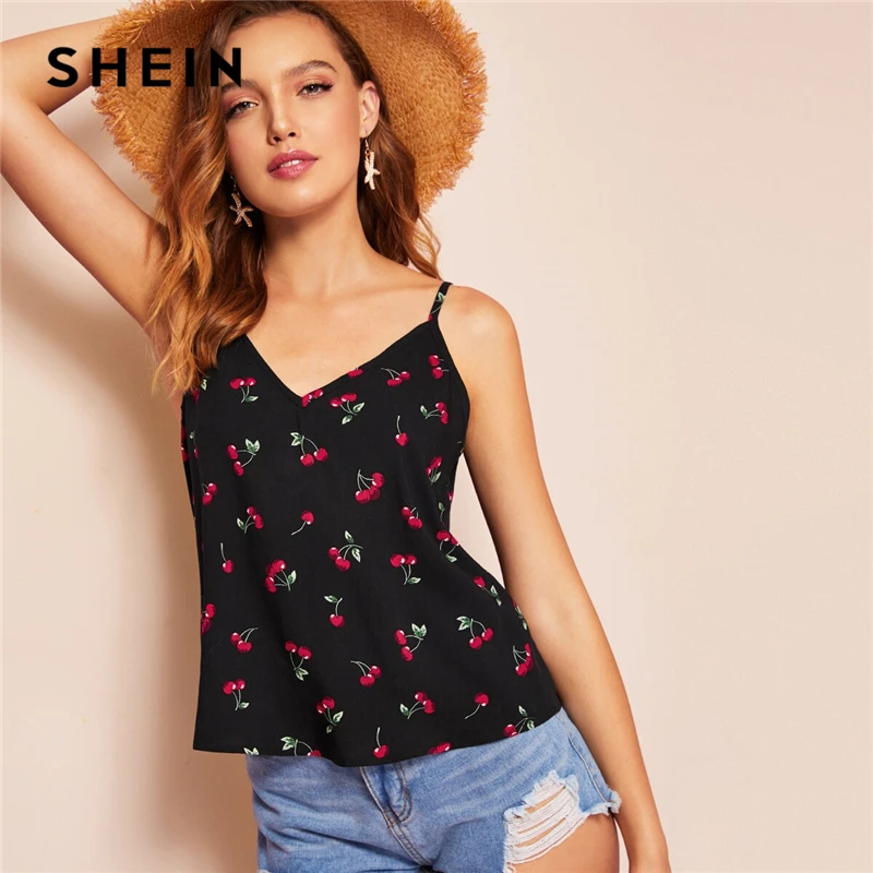 SHEIN богемный Черный повторяющийся Вишневый майка с принтом Топ для женщин Спагетти ремень V сзади расклешенный подол Летние Топы повседневные топики