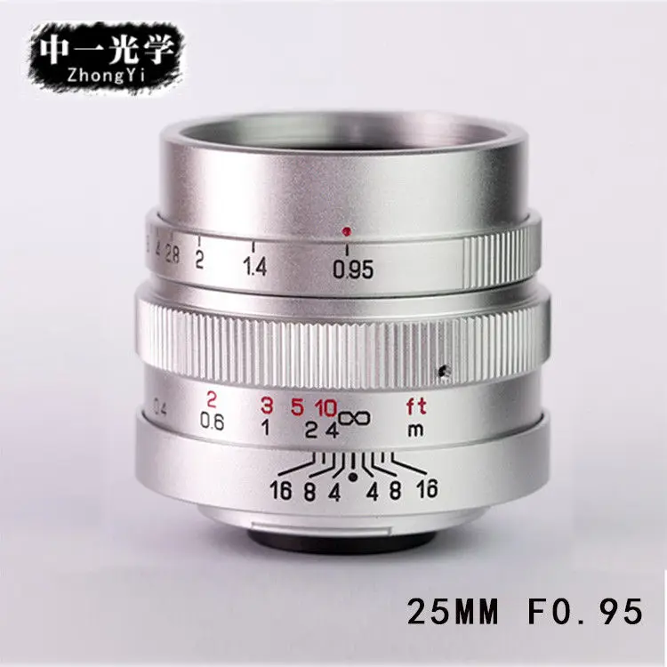 Mitakon Zhongyi Speedmaster 25 мм f/0,95 для Micro Four Thirds M43 MFT M4/3 Panasonic Olympus camera GH4 OM-D EM1, серебристая версия