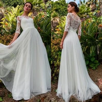 fabulous tulle boat neck a line wedding dress with sleeve illusion back appliques floor length bridal gowns vestidos de novia