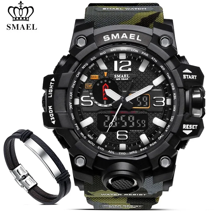 1545B ArmyGreen SMAEL, мужские военные водонепроницаемые цифровые часы 50 м, мужские светодиодный кварцевые часы, спортивные часы, мужские часы 1545+ Набор браслетов - Цвет: 1545B ArmyGreen