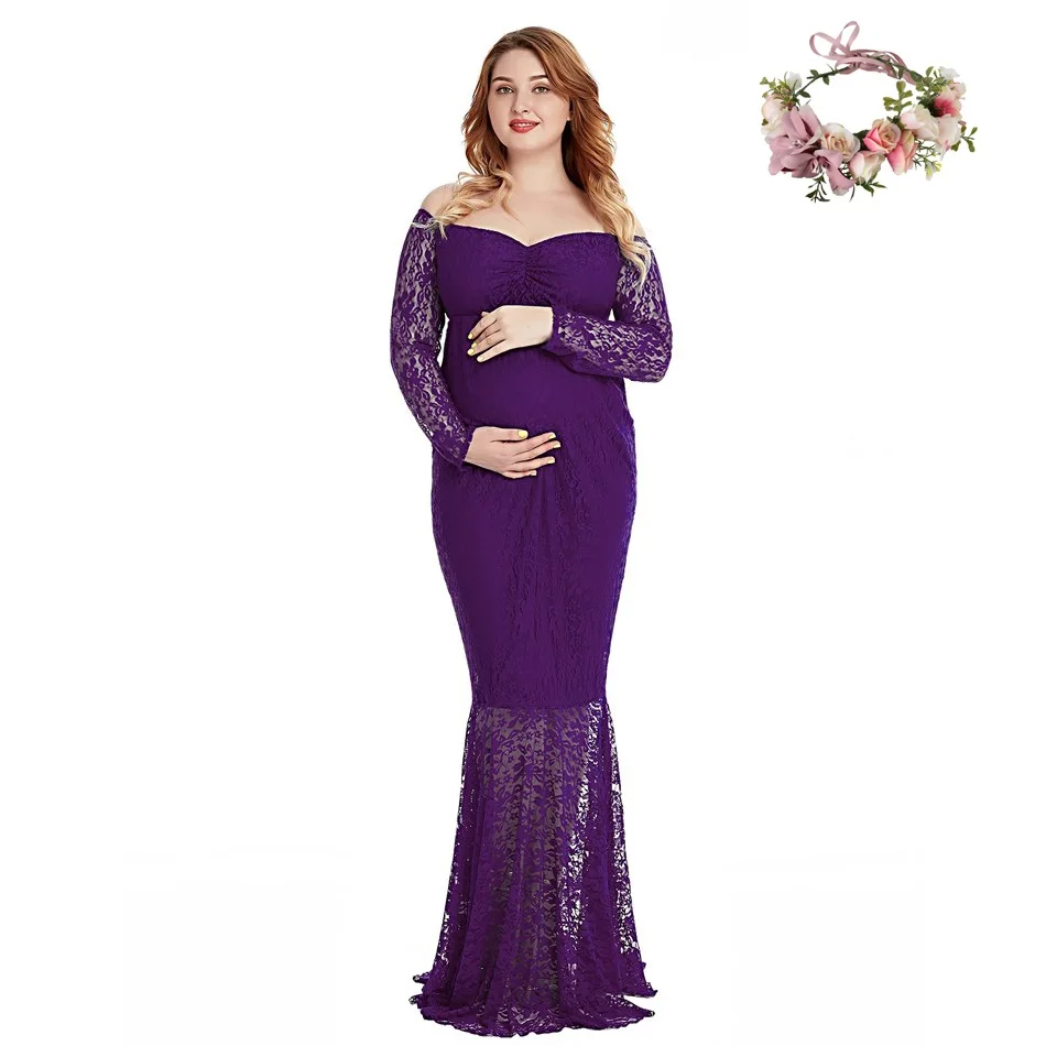 Dress 6 and Garland VOGUEON Для женщин с открытыми плечами длинное платье для беременных для фотографии кружевное вечернее платье леди Baby Shower беременных Костюмы для фото - Цвет: Dress 6 and Garland