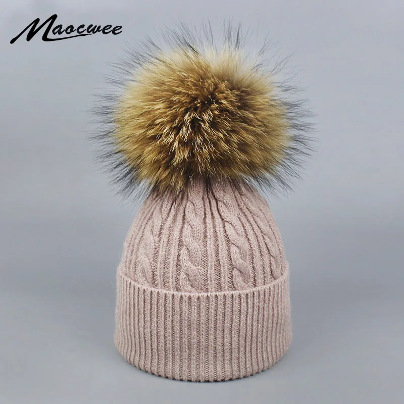 

Autumn Winter Beanies Hat Unisex Knitted Wool Skullies Casual Cap With Real Raccoon Fox Fur Pompom Solid Colors Ski Gorros Cap