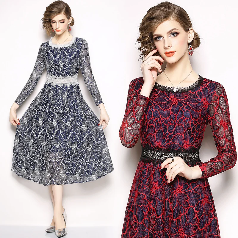 Autumn Women Midi Blue Red Lace Dress Vestidos Mujer 2021 Robe Femme Ladies Work Office Party Roupas Feminina | Женская одежда
