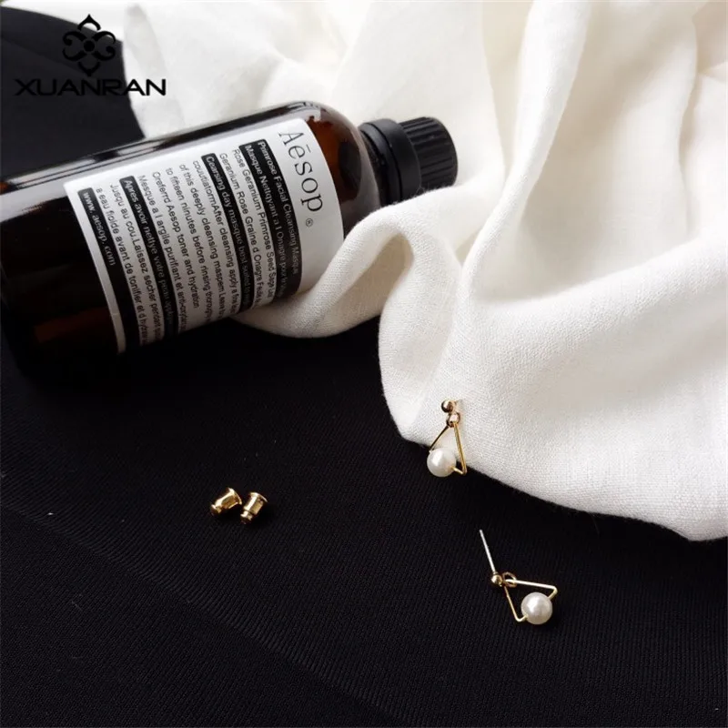 XUANRAN Cute Simulated Pearl Charm Earrings For Women Classic Triangle Shape Gold Plated Stud Handmade Jewelry R317 | Украшения и