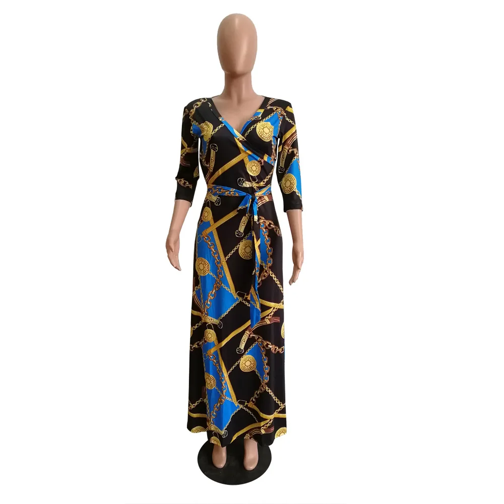2019 women summer vintage chain notched v-neck three quarter sleeve maxi dress party beach bohemian long dresses 3 color YM-8349 | Женская
