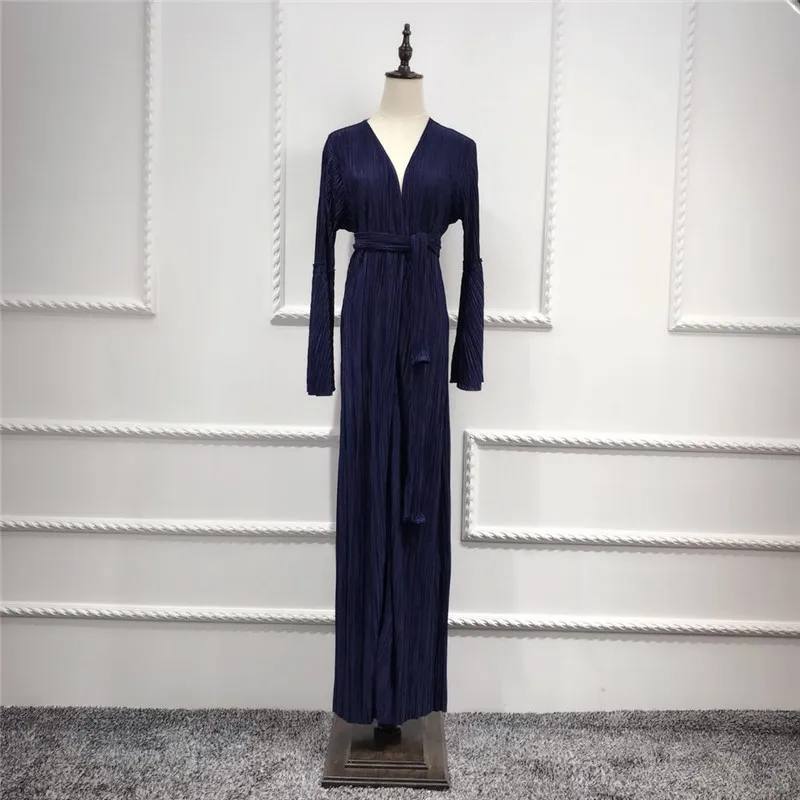NAVY BLUE Элегантное мусульманское Плиссированное Платье-туника абайя, кардиган с расклешенными рукавами, длинный халат, Рамадан, арабское исламское платье, одежда для поклонения - Цвет: NAVY BLUE