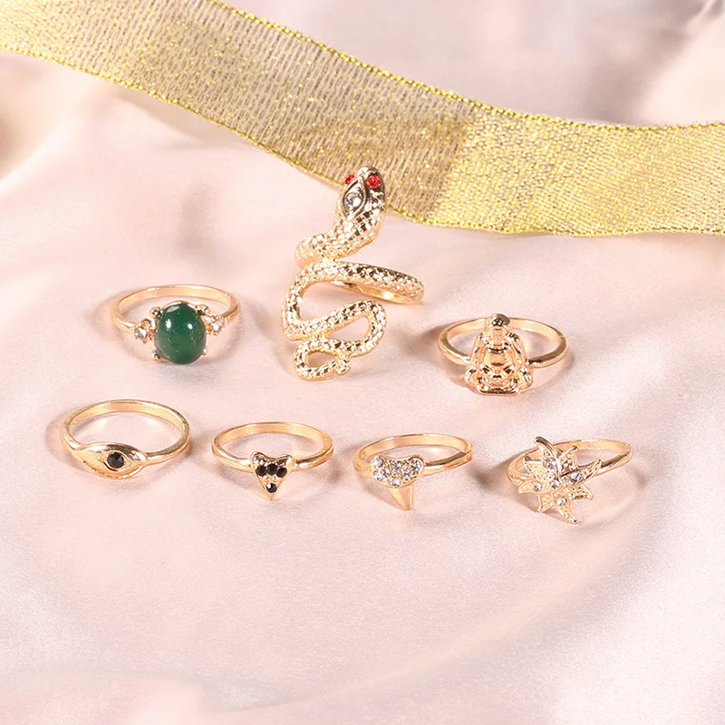 7 шт./компл. Boho Little Snake Star Eyes статуя Будды драгоценный камень треугольник Золото регулируемое Открытое кольцо набор для женщин индивидуальный ювелирный подарок