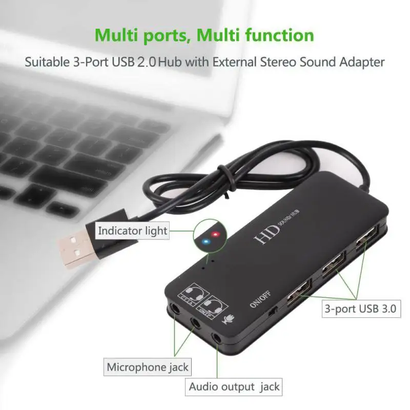Внешний адаптер звуковой карты со стереозвуком и 3 портами USB 2 0 разъема для
