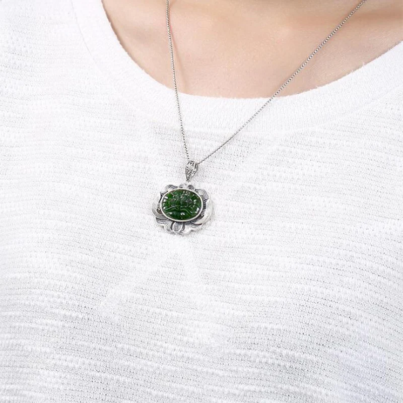 

2019 Inlaid natural stone jasper Lotus Pendant 100% S990 Sterling Silver for Women Necklace Pendant Jewelry expanding photo P01