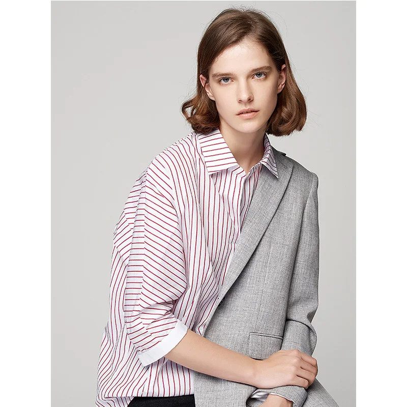 Toyouth New Loose Women Autumn Blouses Asymmetrical Patchwork Batwing Sleeve Blouse All Match Striped Female Tops Shirts|Рубашки| |