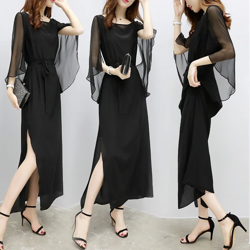 

S- 2XL Elegant Chiffon Dress For Woman Summer Vintage Long Party Dress Casual Black Split Irregular Woman Maxi Dress Vestido