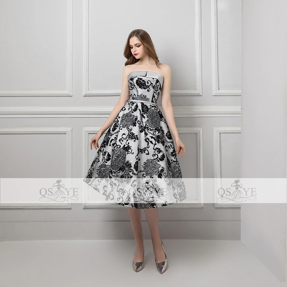 QSYYE 2018 Vintage Saudi Arabia Prom Dresses Puffy A-line Strapless Silver Satin Black Lace Formal Evening Dress Party Gown | Свадьбы и