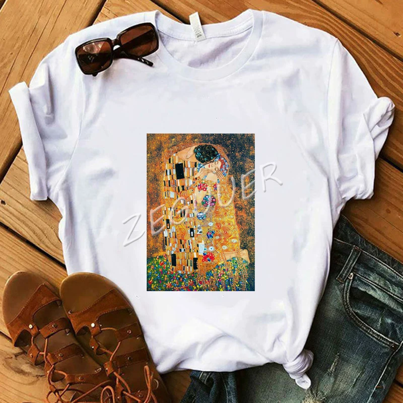 Женская белая классическая футболка The Kiss Art Oil, футболка с картиной, женские хлопковые мягкие футболки с круглым вырезом, Летние повседневные топы в стиле ретро