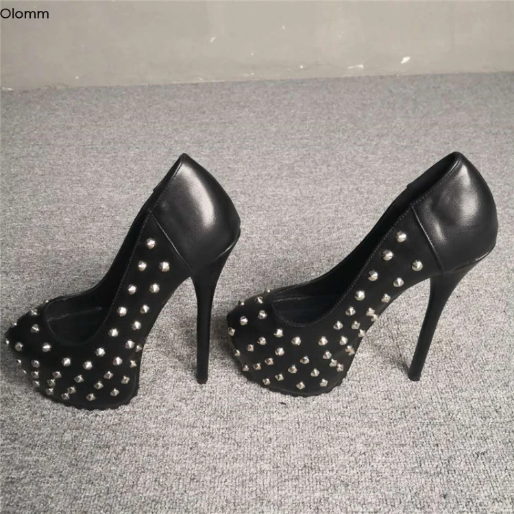 Olomm NEW Fashion Women Platform Pumps Sexy Rivets Stiletto High Heels Pumps Round Toe Black Club Shoes Women Plus US Size 5-15