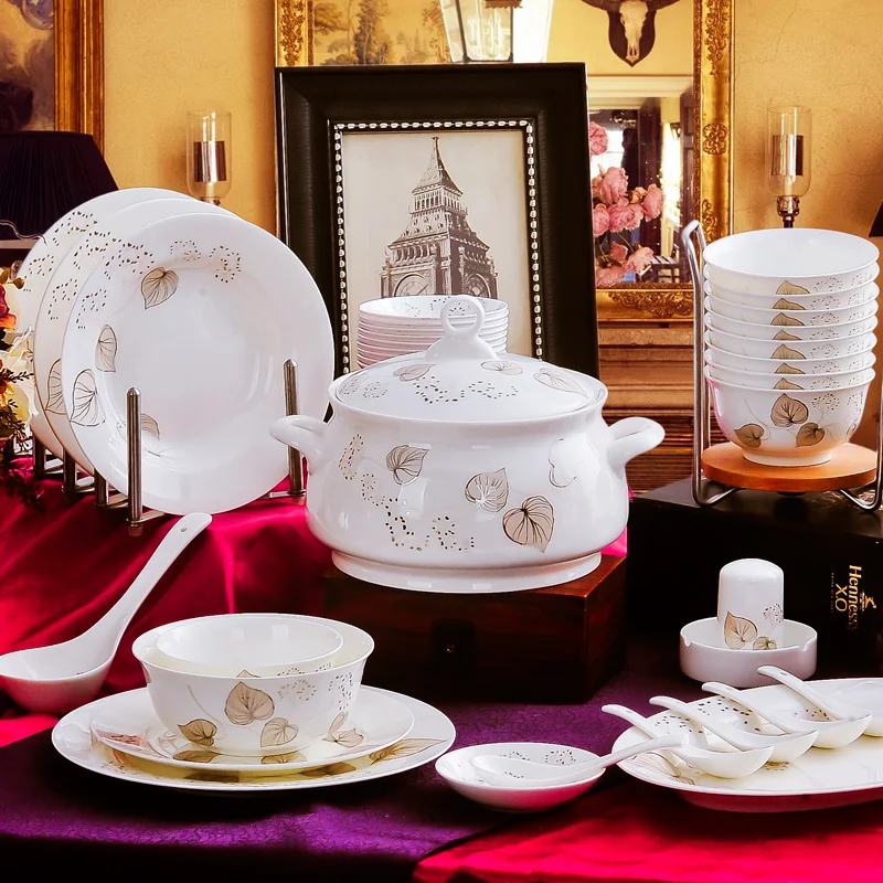Jingdezhen ceramics wedding gift bowl dishes Phnom Penh 56 head bone china tableware set | Дом и сад