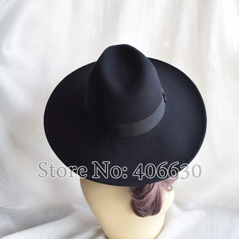 Winter Black Large Brim Wool Felt Fedora Hat For Women Chapeu Sun Beach Panama Hat Free Shipping PWFR001