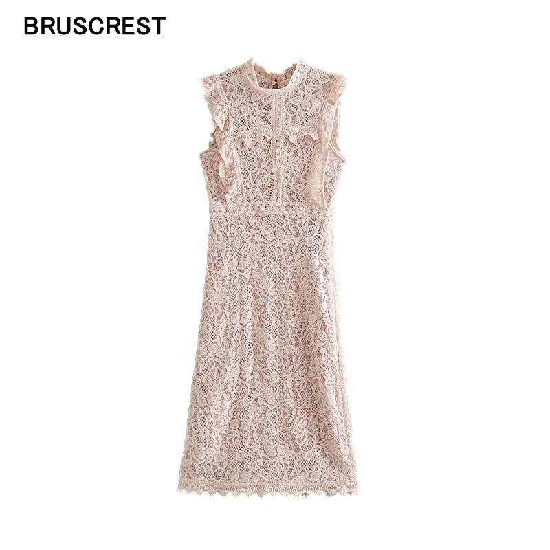 Женское винтажное кружевное платье без рукавов розовое Повседневное миди с