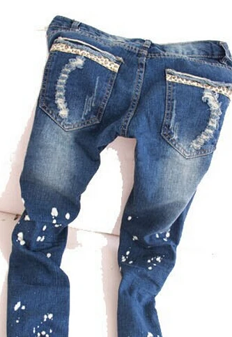 new 2015 fashion show thin white leopard grain mill do old hole pencil jeans garment tide flanging free delivery |