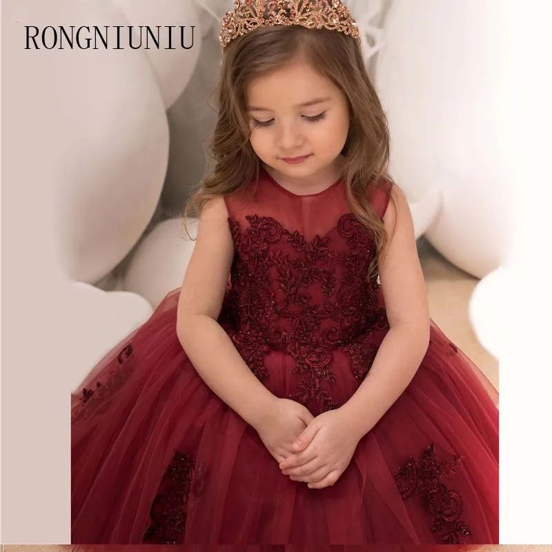 Новинка 2019 платье для девочек с цветами вечеринки и свадьбы бордовое бальное до