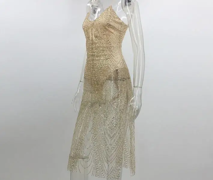 

Sexy Bright Diamond Sequins Perspective Nightclub Dress 2018 Newest Summer Female Spaghetti Strap V-neck Slim Dress