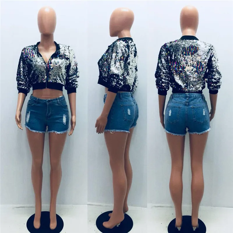 

Women Long Sleeve Sequin Bomber Jacket Slim Basic Coats Front Zipper Streetwear Ladies Outwear Coats Jaqueta Feminina Harajuku