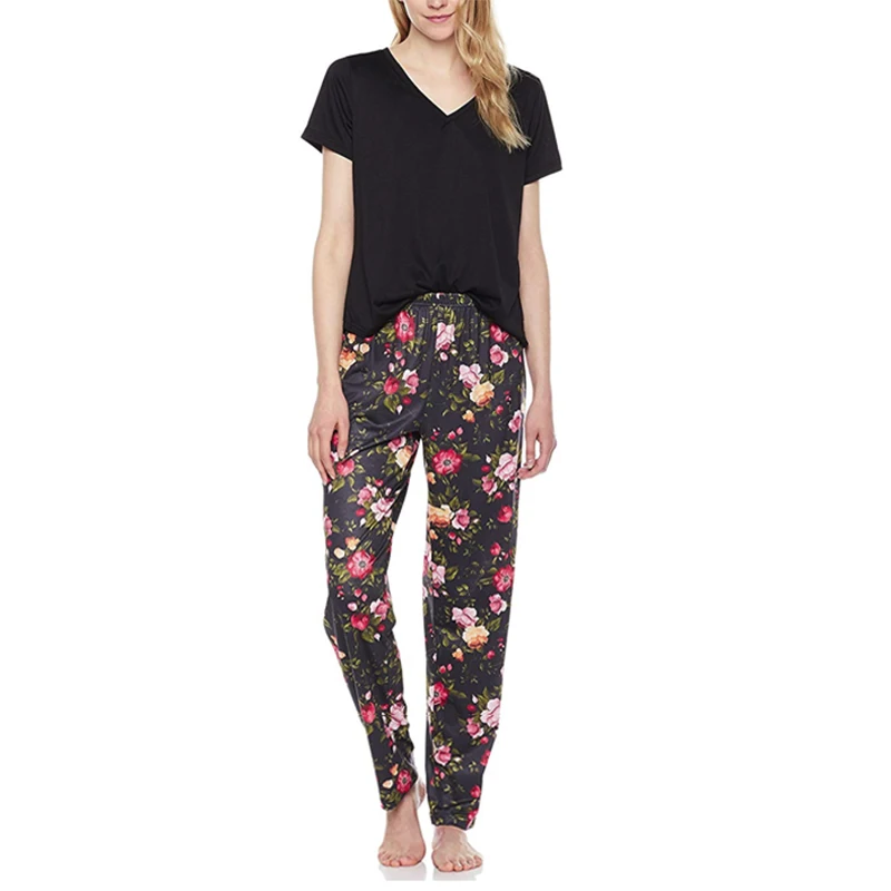 

Женский пижамный комплект, Однотонная футболка с коротким рукавом и длинные штаны с цветочным принтом, весна-лето