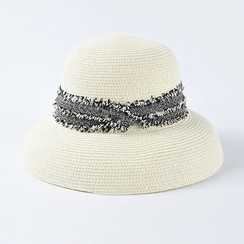 

Women UPF Foldable Sun Hats Red White Black Summer Beach Hat Cloche Straw Hat Wide Brim Fedora Derby Travel Hat Bowknot 55-59cm