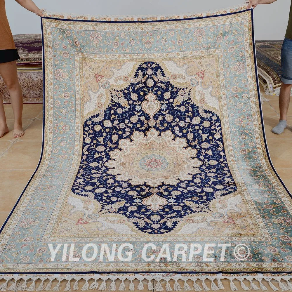 

Yilong 5,5 'x 8' синий коврик ручной работы с цветочным узором Тебриз коврик (1192)