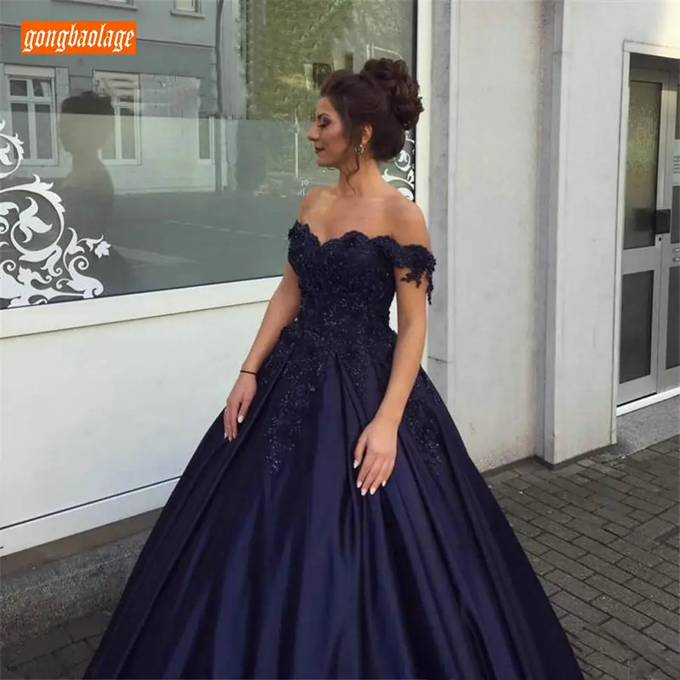 Gorgeous Dark Navy Ball Gown Evening Dresses Off Shoulder Appliques Beaded Satin Formal Dress 2020 Engagement Party | Свадьбы и