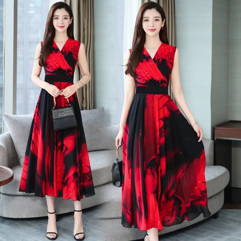 Женское шифоновое платье с v образным вырезом и цветочным принтом Летнее Длинное